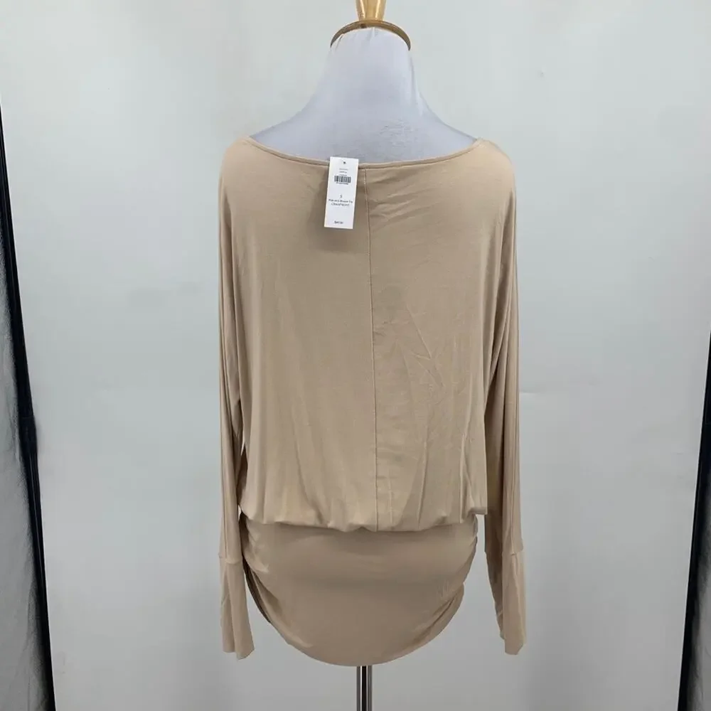 Boston Proper Top Womens S Small Champagne Wide Neck Blouson Ruched Long Sleeve - Picture 5 of 11